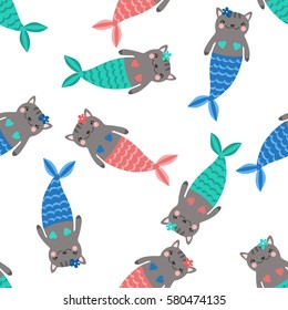 Seamless pattern with magic cute mermaids. Funny little cats. Sea theme. Vector illustration.