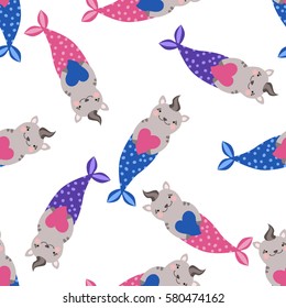 Seamless pattern with magic cute mermaids. Funny little cats. Sea theme. Vector illustration.