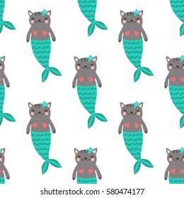 Seamless pattern with magic cute mermaids. Funny little cats. Sea theme. Vector illustration.