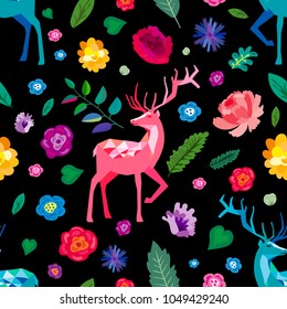 Seamless pattern. Magic deer in the night flower garden. Fairytale ornament.