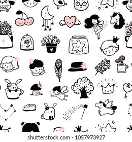 Seamless pattern with magic design elements/ little prince and princess