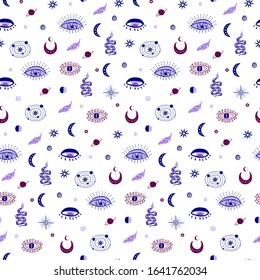 Seamless pattern with magic magic elements in lilac, purple and pink. Mystical background for the design of fabric, textiles, wrapping paper in a flat style. Vector illustration