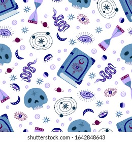 Seamless pattern with magic magic elements in lilac, purple and pink. Mystical background for the design of fabric, textiles, wrapping paper in a flat style. Vector illustration