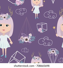 Seamless pattern with magic elements, mystic girls, flowers. Editable vector illustration