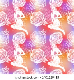 Seamless pattern with magic elf and roses. Tattoo art style. Thumbelina motifs.