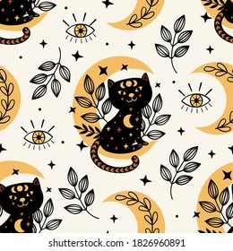 seamless pattern with magic eye and black cat on the moon