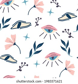 Seamless pattern with magic eyes and flowers. Evil eyes background. Magic, witchcraft, occult symbol, Halloween decor. For Fabric, textile, giftware, wallpaper. Vector flat illustration.