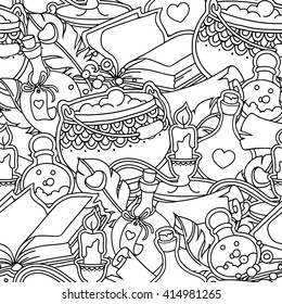 Seamless pattern magic fairy witchcraft in doodle style. Ornate, decorative, magic book, potions, feather, tribal elements. Black and white background. Zentangle hand drawn coloring book page