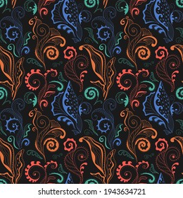 Seamless pattern with magic flowers and leaves. Floral drawing with line-art. Eps10 vector.