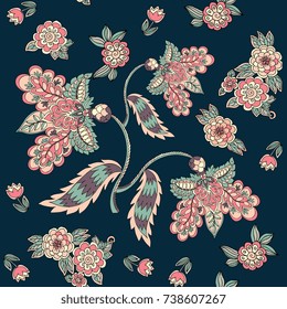 Seamless pattern with magic flowers on dark background. Print for fabric, template for pillowcase. Vector illustration.