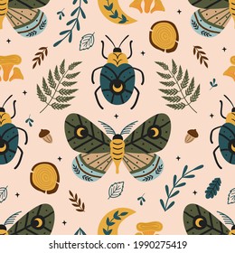  seamless pattern magic forest with butterfly and bug