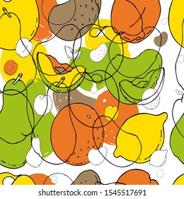 Seamless pattern. Magic fruits. Wonderful orange, kiwi, pear, peach and lemon.