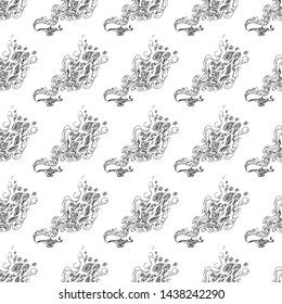 Seamless pattern of magic genies lamp isolated on white background. Set of seamless floral elements. Magic oil lamp line and solid icon, outline and filled vector sign. Hand drawn pattern. Outline.