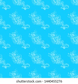 Seamless pattern of magic genies lamp isolated on blue background. Set of seamless floral elements. Magic oil lamp line and solid icon, outline and filled vector sign. Hand drawn pattern. Outline.