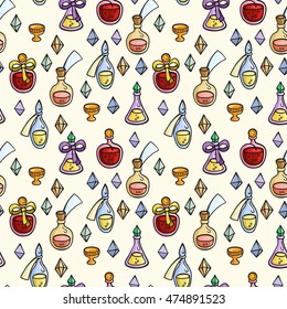 Seamless pattern with magic glass flasks. Science potions doodle style sketch. Alchemy and wonderful science.