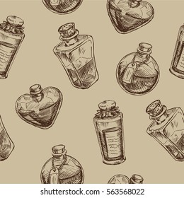 Seamless pattern with magic glass flasks. Science potions doodle style sketch. 