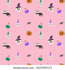 Seamless pattern with magic halloween elements hat, skull, pot, candle, bottle and pets. Wrapping texture on pink background.