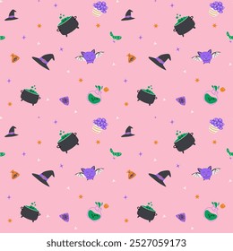 Seamless pattern with magic halloween elements hat, skull, pot, candle, bottle and pets. Wrapping texture on pink background.