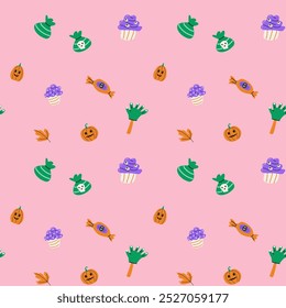 Seamless pattern with magic halloween elements hat, skull, pot, candle, bottle and pets. Wrapping texture on pink background.