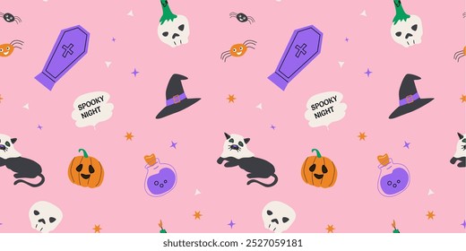 Seamless pattern with magic halloween elements hat, skull, pot, candle, bottle and pets. Wrapping texture on pink background.