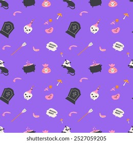 Seamless pattern with magic halloween elements hat, skull, pot, candle, bottle and pets. Wrapping texture on pink background.