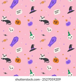 Seamless pattern with magic halloween elements hat, skull, pot, candle, bottle and pets. Wrapping texture on pink background.