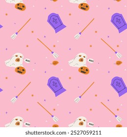 Seamless pattern with magic halloween elements hat, skull, pot, candle, bottle and pets. Wrapping texture on pink background.