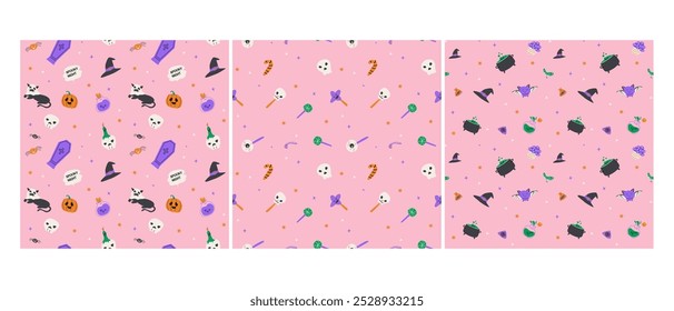 Seamless pattern with magic halloween elements hat, skull, pot, candle, bottle and pets. Wrapping texture on pink background.