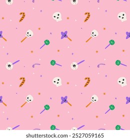 Seamless pattern with magic halloween sweets. Wrapping texture on pink background.