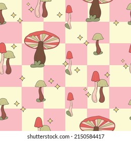 Seamless pattern magic hallucinogenic mushrooms. Fantasy cute elements. Cute cartoon mushrooms on the grass. Modern design print for cloth, wallpaper, decor interior. Hippie style. Vector flat.