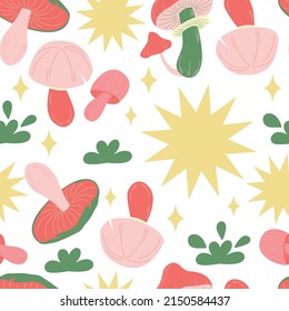 Seamless pattern magic hallucinogenic mushrooms. Fantasy cute elements. Cute cartoon mushrooms on the grass. Modern design print for cloth, wallpaper, decor interior. Hippie style. Vector flat.