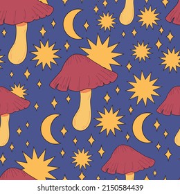 Seamless pattern magic hallucinogenic mushrooms. Fantasy cute elements. Cute cartoon mushrooms on blue, stellar. Modern design print for cloth, wallpaper, decor interior. Hippie style. Vector flat.