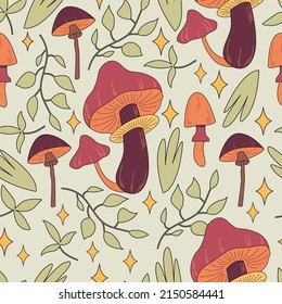 Seamless pattern magic hallucinogenic mushrooms. Fantasy cute elements. Cute cartoon mushrooms on the grass. Modern design print for cloth, wallpaper, decor interior. Hippie style. Vector flat.