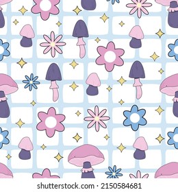 Seamless pattern magic hallucinogenic mushrooms. Fantasy cute elements. Cute cartoon mushrooms on the grass. Modern design print for cloth, wallpaper, decor interior. Hippie style. Vector flat.