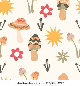 Setas alucinógenas mágicas de patrón sin foco. Fantasmas adorables elementos. Hongos de dibujos animados en el césped. Impresión de diseño moderno para tela, papel pintado, decoración interior. Estilo hippie. Vector plano.
