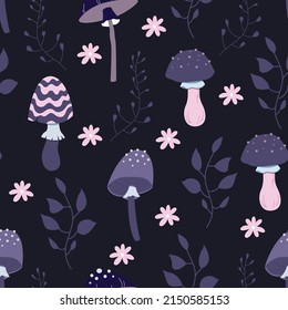 Seamless pattern magic hallucinogenic mushrooms. Fantasy cute elements. Cute cartoon mushrooms on the grass. Modern design print for cloth, wallpaper, decor interior. Hippie style. Vector flat.