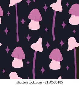 Seamless pattern magic hallucinogenic mushrooms. Fantasy cute elements. Cute cartoon mushrooms on the grass. Modern design print for cloth, wallpaper, decor interior. Hippie style. Vector flat.