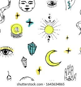 patrón impecable con manos mágicas, fases lunares.Astrología,concepto astronómico.Símbolos de brujería: serpiente, ojos, fortuna decir bola de cristal mágico con el ojo de la providencia, luna.por tatuaje, textil, tarjeta