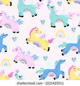 Seamless pattern with magic horses. Background for textile, fabric, stationery, kids, clothes and other design.