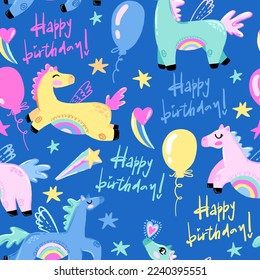 Seamless pattern with magic horses and happy birthday. Background for textile, fabric, wrapping paper, stationery and other design.