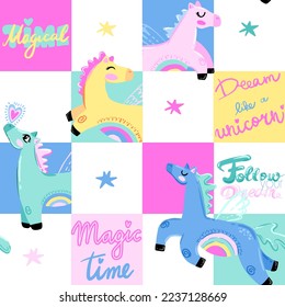  Seamless pattern with magic horses on tartan. Background for textile, fabric, stationery, kids, wrapping paper, clothes and other designs.