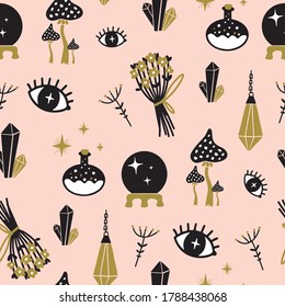 seamless pattern with magic icons for halloween holiday