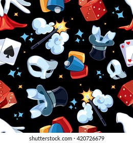 Seamless pattern with Magic illsutrations. Cartoon vector pictures of magic ellements isolate on dark background