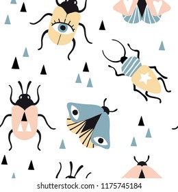 Seamless pattern with magic insects and triangles. Colorful hand drawn doodle vector background. Cartoon style. Decorative beetle, butterfly, moth, bug. For modern and original textile