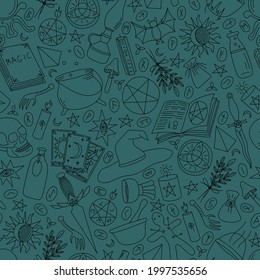SEAMLESS PATTERN WITH MAGIC ITEMS ON AN EMERALD BACKGROUND IN A VECTOR