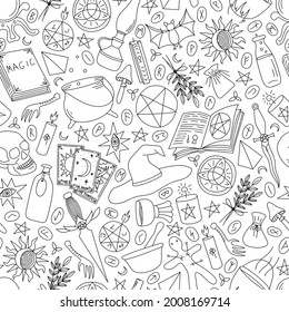 SEAMLESS PATTERN WITH MAGIC ITEMS ON A WHITE BACKGROUND IN A VECTOR