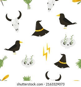 Seamless pattern with magic items and tools. Vector illustration for gift boxes, wrapping paper, holiday decorations, party