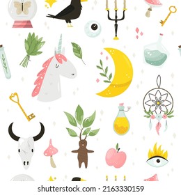 Seamless pattern with magic items and tools. Vector illustration for gift boxes, wrapping paper, holiday decorations, party