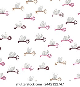 Seamless pattern with magic keys with wings.