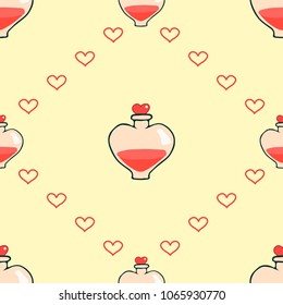 Seamless pattern with magic love potion bottles and hearts
